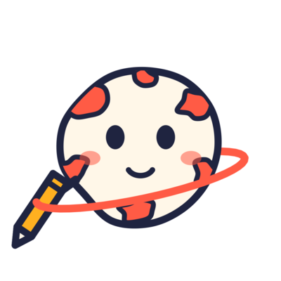 Wobble, a small hand-drawn planet holding a pencil